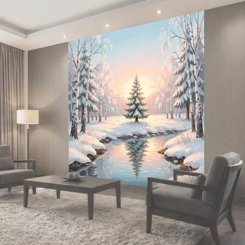 Фотообои Зимний лесной пейзаж с ручьем