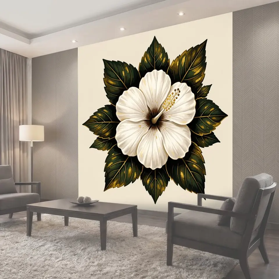 Фотообои Белый цветок с темно-зелеными листьями