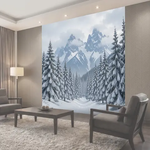 Фотообои Заснеженный хвойный лес и горы