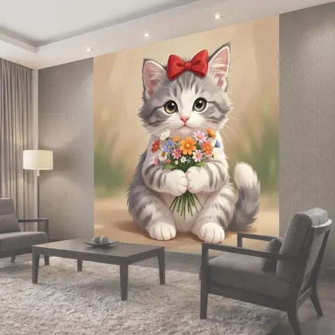 Фотообои Милый котёнок с букетом