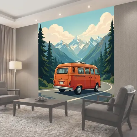 Фотообои Оранжевый фургон в горах