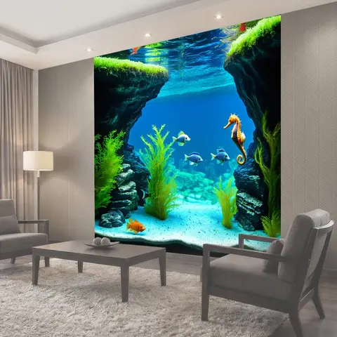 Фотообои Аквариум с подводными пещерами и таинственными водорослями, создающими ощущение глубины и загадки