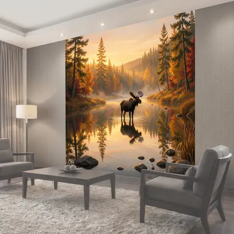 Фотообои Лось в лесной реке на рассвете