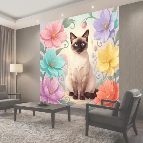 Фотообои Сиамский кот среди цветочных букетов