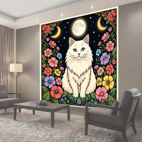 Фотообои Белая кошка в цветочном орнаменте