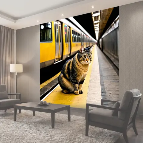 Фотообои Кошка на платформе метро, ждущая поезда