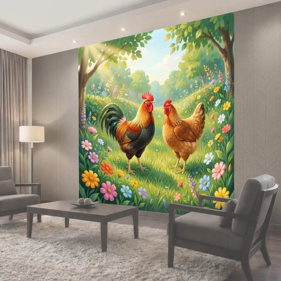 Фотообои Две курочки среди весенних цветов