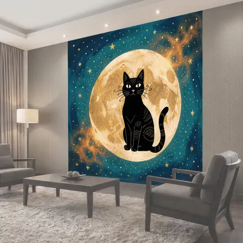 Фотообои Чёрный кот у лунного диска