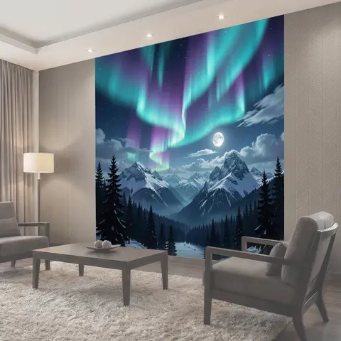 Фотообои Полярное сияние над снежными горами