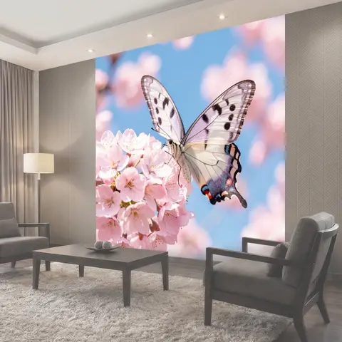 Фотообои Бабочка на цветущей сакуре