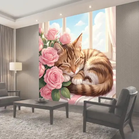 Фотообои Спящий кот среди роз