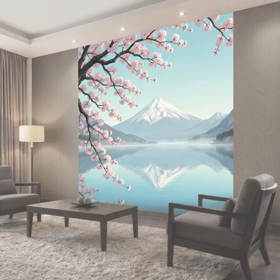 Фотообои Сакура у Фудзи над озером