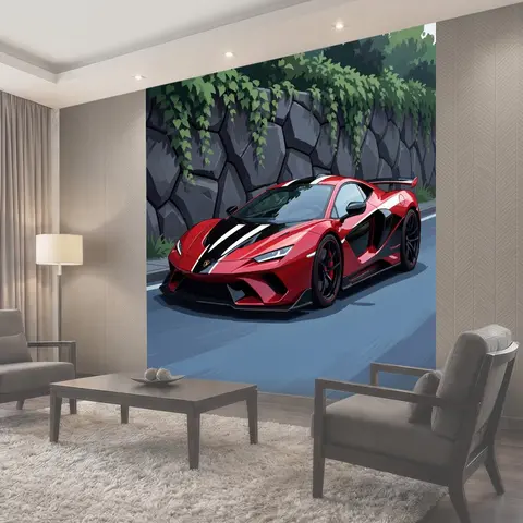 Фотообои Красный спортивный автомобиль на дороге
