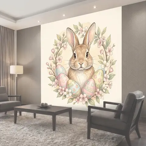 Фотообои Кролик в венке с пасхальными яйцами