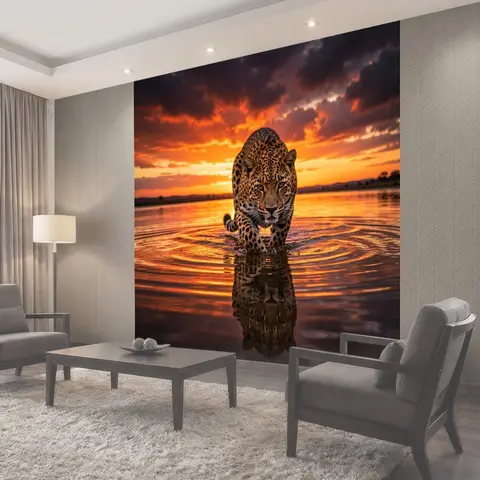 Фотообои Леопард в воде на закате