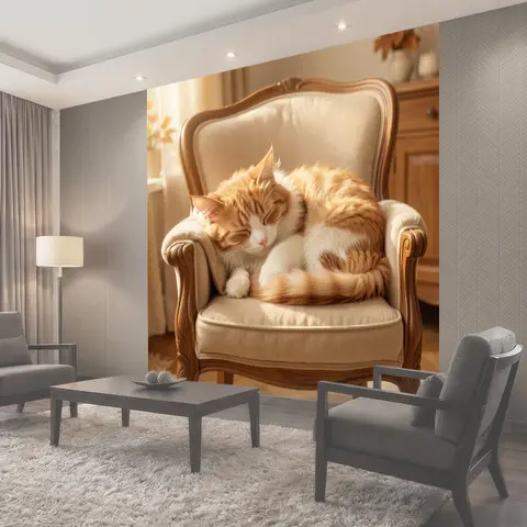 Фотообои Спящий рыжий кот в кресле