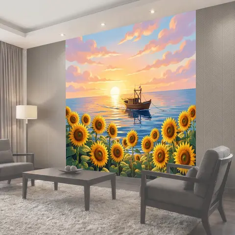 Фотообои Закат у моря с подсолнухами