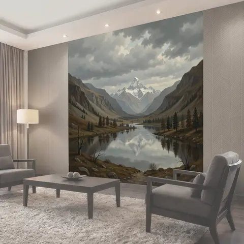 Фотообои Горная долина с зеркальным озером