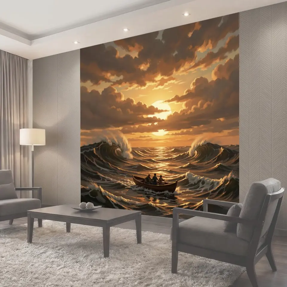 Фотообои Лодка в бурном море на закате