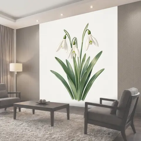 Фотообои Белые подснежники с зелеными листьями