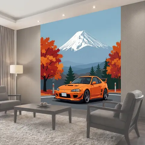Фотообои Оранжевый спорткар на фоне Фудзи
