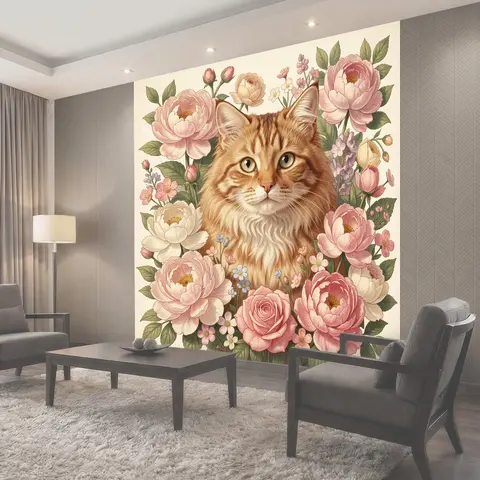 Фотообои Кошка с цветочным венком роз