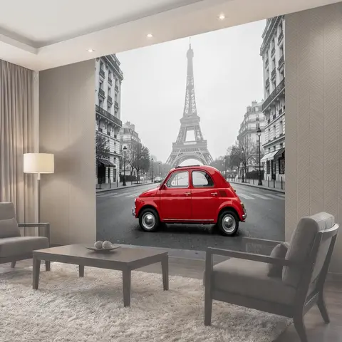Фотообои Красный ретро-автомобиль в Париже