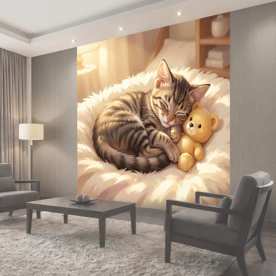 Фотообои Спящий кот с плюшевым медвежонком