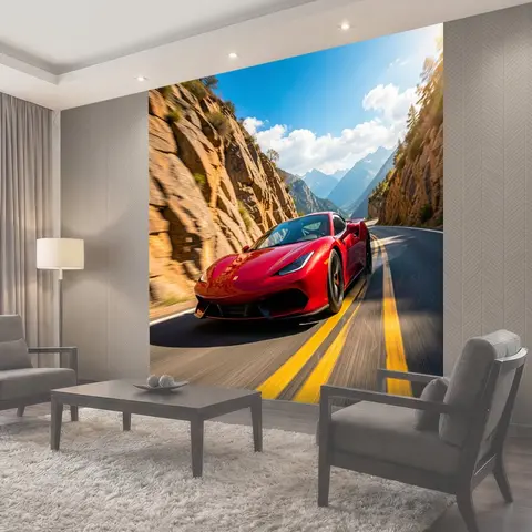 Фотообои Красный спорткар на серпантине