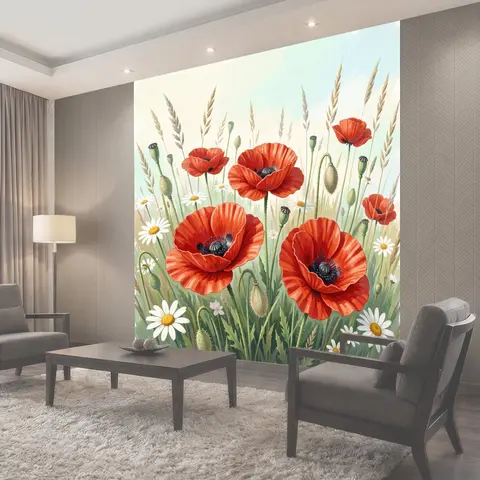 Фотообои Красные маки и луговые цветы