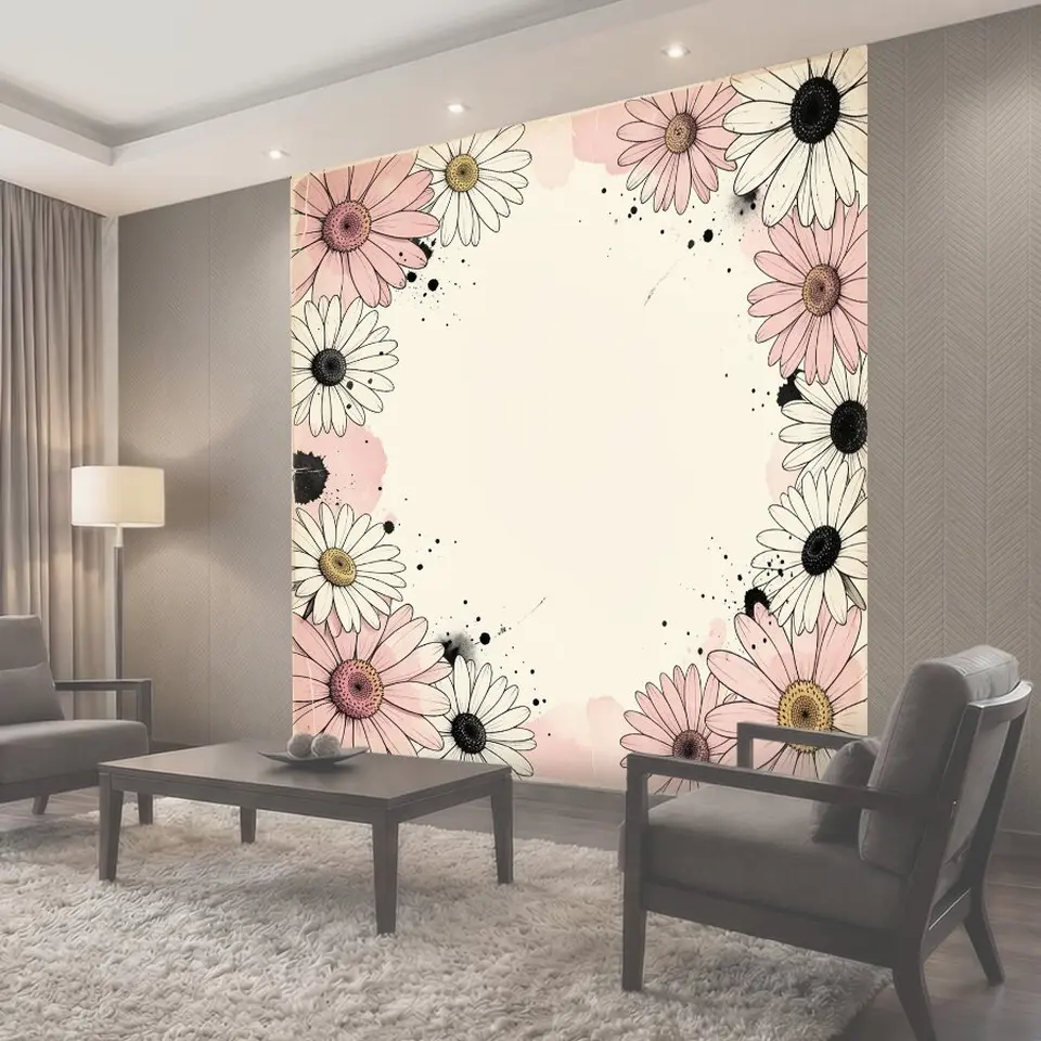Фотообои Абстрактный floral wallpaper с крупными ромашками и маргаритками по краям кадра