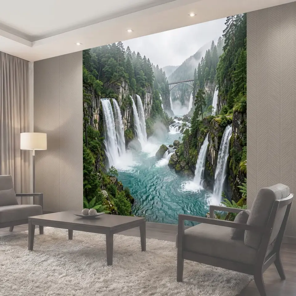 Фотообои Каскад водопадов в горном ущелье