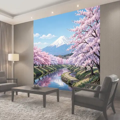 Фотообои Сакура и Фудзи у реки