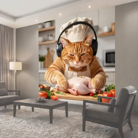 Фотообои Рыжий кот-повар с курицей