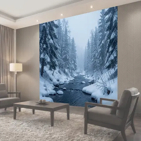 Фотообои Зимний лес и река в тумане
