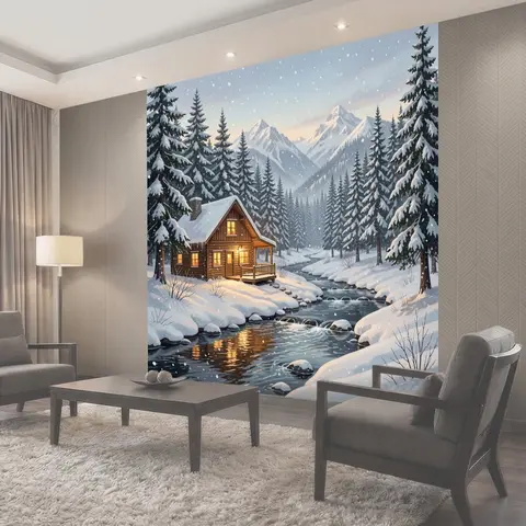 Фотообои Зимний домик у горной реки