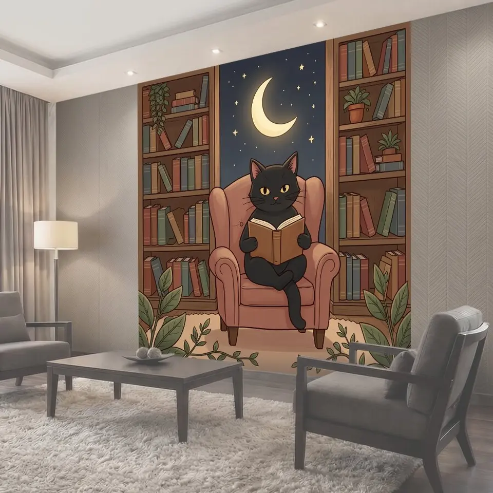 Фотообои Кот читает книгу при луне