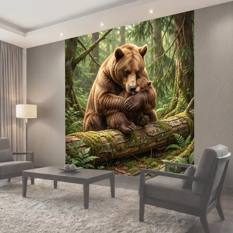 Фотообои Медведица с медвежонком в лесу