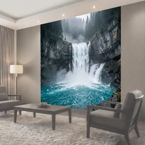 Фотообои Могучий водопад в хвойном каньоне