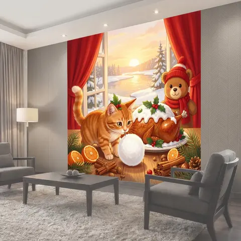 Фотообои Новогодний натюрморт с котёнком и медвежонком