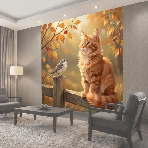 Фотообои Рыжий кот и птица осенью