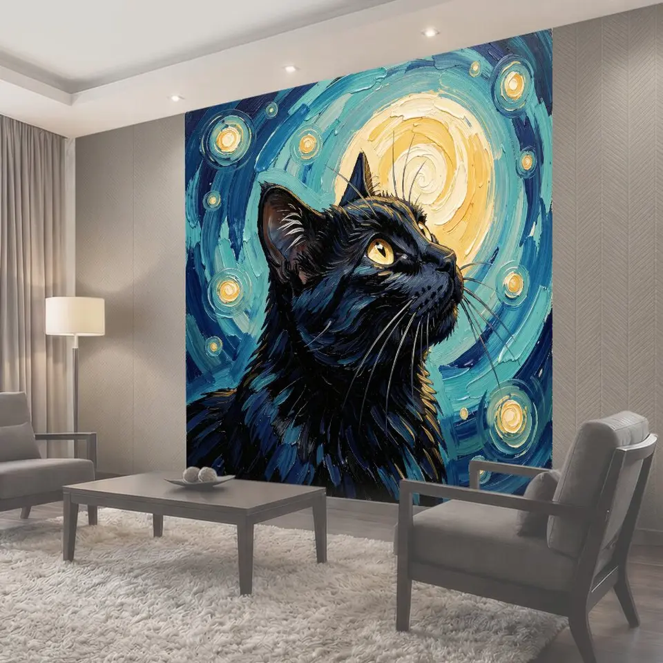 Фотообои Черный кот под звездным небом