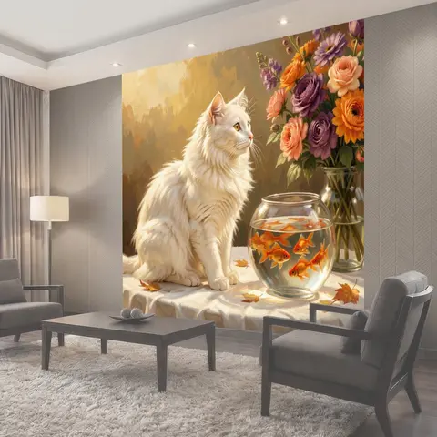 Фотообои Белая кошка и золотые рыбки