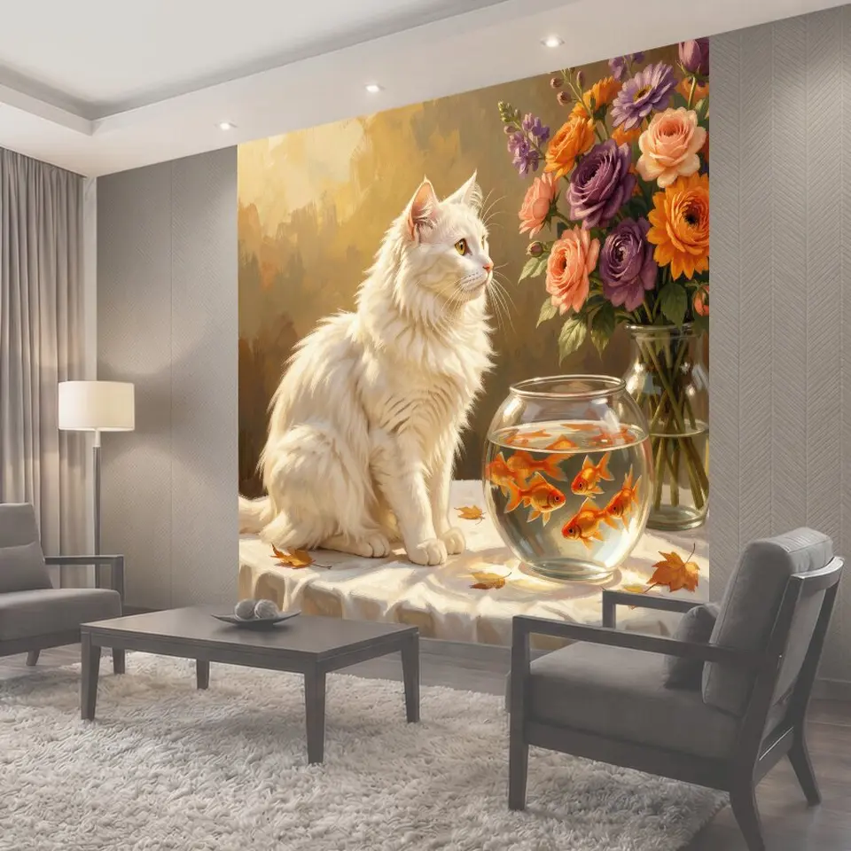 Фотообои Белая кошка и золотые рыбки
