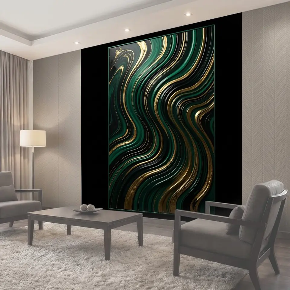 Фотообои Абстрактные волны в зелёно-золотых тонах
