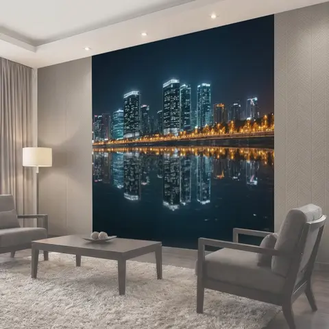 Фотообои Город панорама ночного города с огнями и отражениями на воде