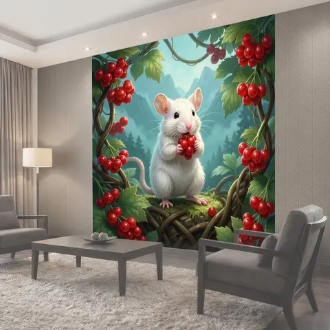 Фотообои Белая мышь с красными ягодами