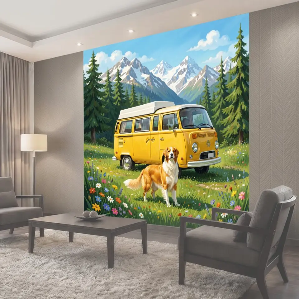 Фотообои Жёлтый ретро-автобус и пёс