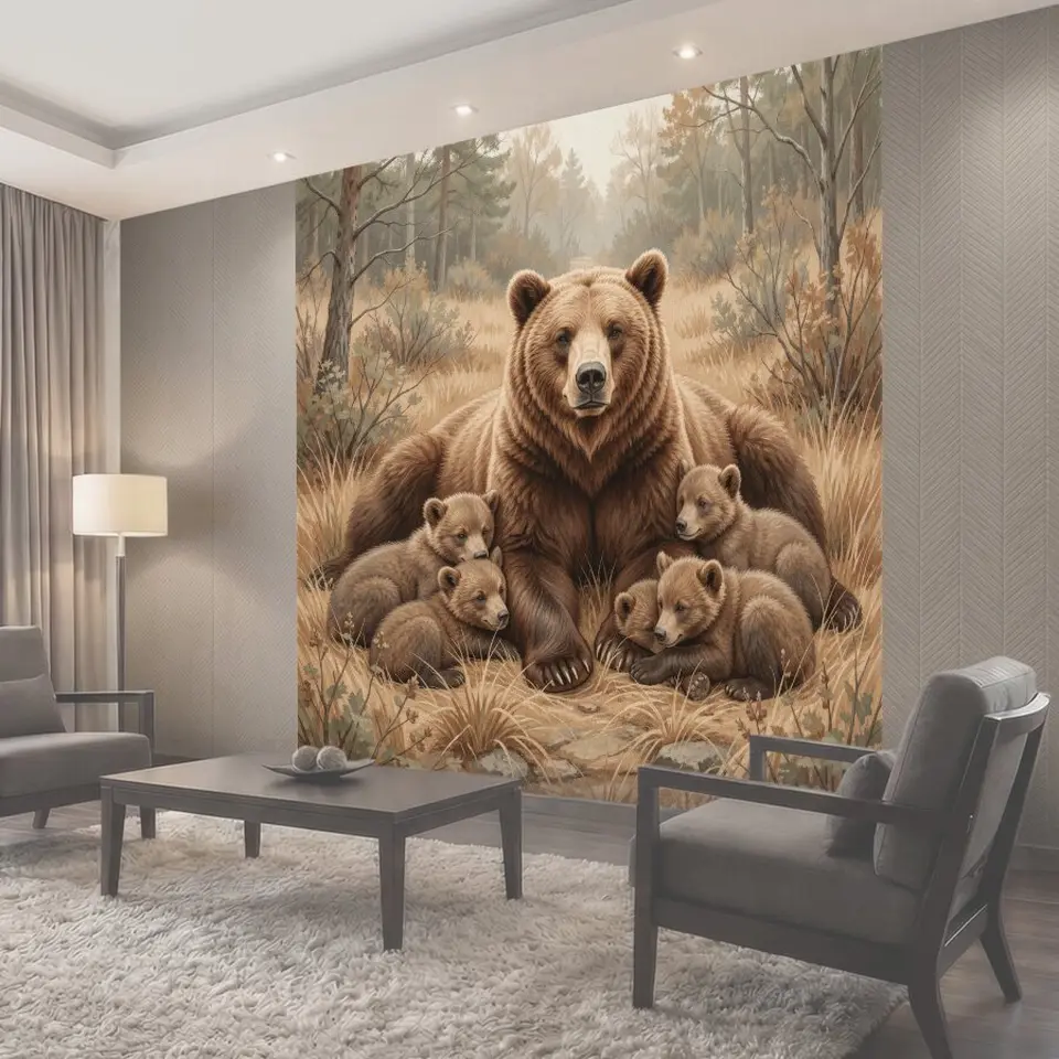 Фотообои Медведица с медвежатами в лесу