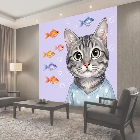 Фотообои Котенок среди разноцветных рыбок